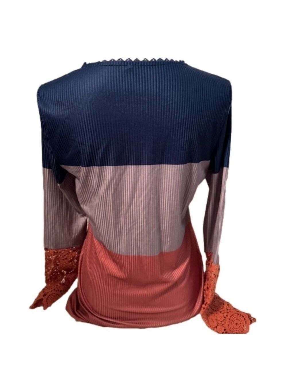 Colorblock Henley Lace Sleeve Top Navy, Dusty Mauve,Coral Size Small Ribbed Knit - Picture 5 of 9